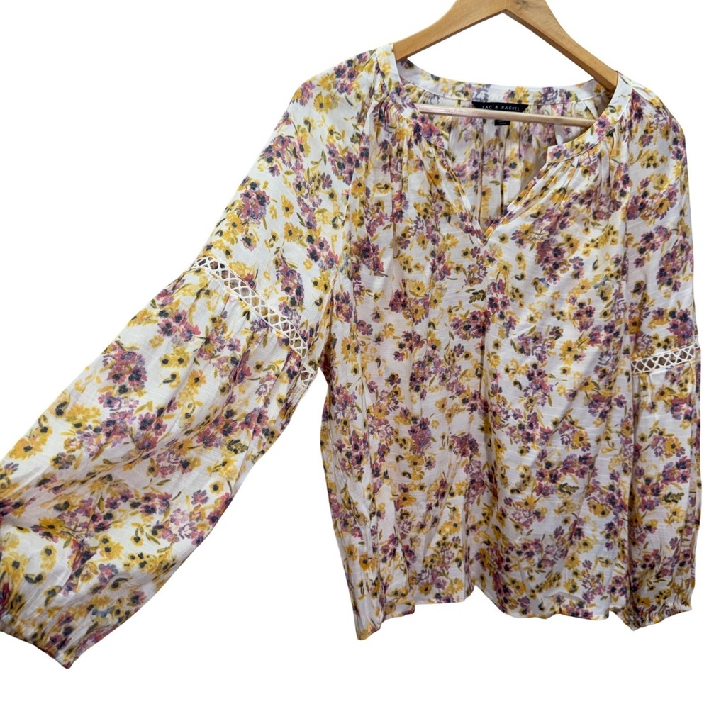 Zac Rachel Womens Floral Balloon Sleeve Blouse Size L Yellow Boho Crochet Trim‎